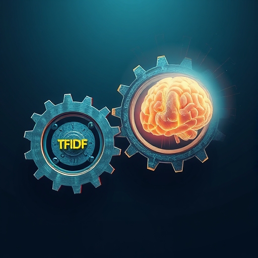 A detailed illustration depicting two abstract gears one labeled TFIDF and the other labeled Semantic Vector the Semantic Vector gear is larger and more complex turning smoothly next to it floats a small glowing brain structure symbolizing advanced NLP processing