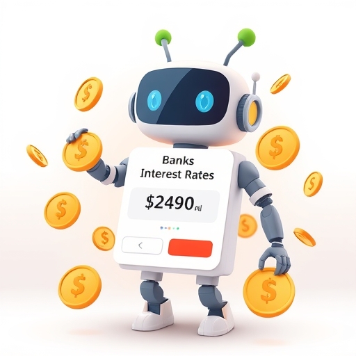 New New Bank 數位銀行 App 介面顯示高利率通知，伴隨歡樂卡通金幣與友好機器人角色