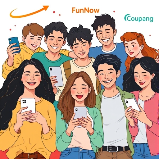 年輕族群興奮使用行動銀行App和信用卡，展示FunNow與Coupang等合作標誌的活力插圖