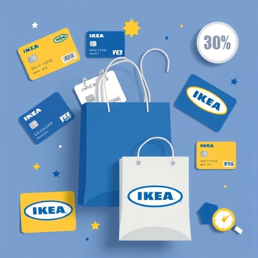 信用卡與 IKEA 購物袋的俯拍圖，點綴折扣符號，乾淨現代風格