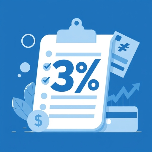 A graphic illustration depicting a ledger with a 3 percent symbol prominently displayed, alongside currency exchange symbols and a credit card icon, symbolizing high cashback and financial benefits, with clean lines and a modern, professional aesthetic using cool blue and silver tones