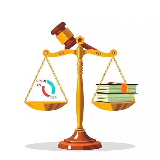 法官槌敲擊天平，一邊是信用分數圖示，另一邊是錢堆，象徵違約交割的法律與信用後果