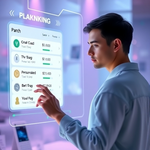 一位使用者與未來感數位銀行介面互動，顯示金融交易與個人化回饋的圖像