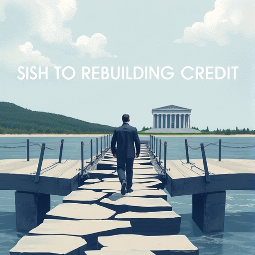 一人走在斷橋上，遠方是金融機構，象徵違約交割後重建信用的艱辛路程