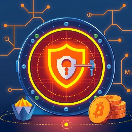 A secure digital vault with glowing cybersecurity layers protecting financial icons like coins and graphs all rendered in a clean illustrative style with a warm color palette