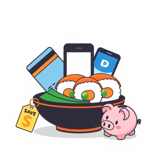 A simplified graphic representation of different payment icons like credit cards and mobile payment apps arranged on a stylized sushi plate with a discount tag and a piggy bank conveying financial savings and payment options