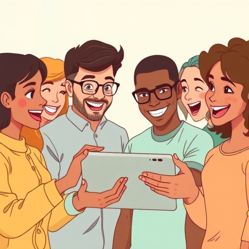 A smiling diverse group of friends gathered around a digital tablet excitedly discussing financial benefits and savings illustrated in a warm friendly cartoon style with soft pastel color palette emphasizing collaboration and shared success