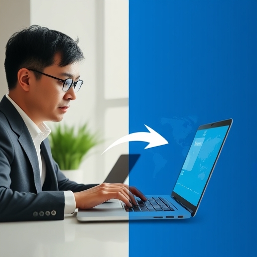 A split image showing a taiwanese investor using a laptop with english interface and a graphic representing international money transfer symbolizing overseas brokerage investment