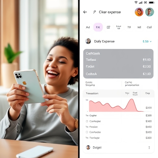 分屏圖像，一邊顯示數位交易即時現金回饋，另一邊展示預算視覺化管理日常開支