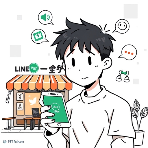 A stylized drawing of a person looking confused at their phone displaying a LINE Pay app next to a藏壽司 restaurant facade with PTT forum icons floating around symbolizing community discussion and information searching