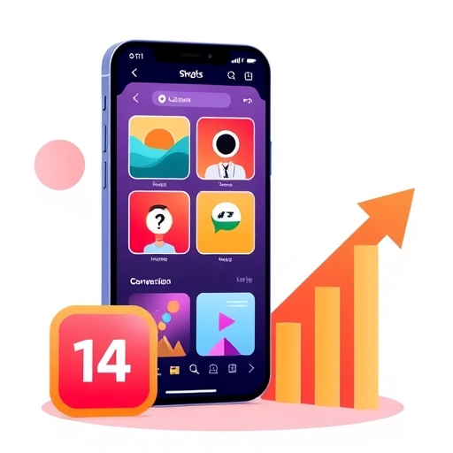 A stylized illustration of a mobile phone screen showcasing vibrant high conversion screenshots next to a prominent stylized app icon all elements are framed by a rising upward arrow graph indicating strong conversion rate improvement