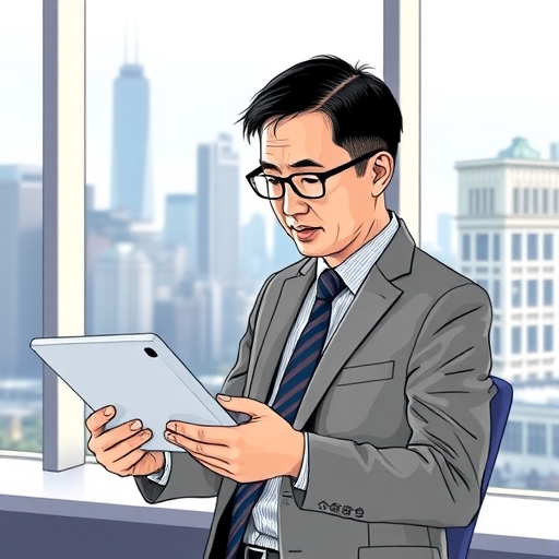 A taiwanese investor thoughtfully comparing s&p 500 etf options like 00646 voo ivv on a tablet in a bright modern office with city skyline background illustration style