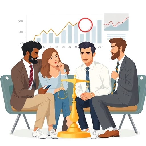 A thoughtful illustration depicting a diverse group of investors discussing financial charts with elements of a magnifying glass and a balanced scale in a calm professional setting