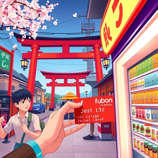 A vibrant illustration of a Japanese street scene with iconic landmarks like a torii gate and cherry blossoms, a hand holding a Fubon J Card making a purchase at a brightly lit convenience store, a warm and inviting color palette with soft ambient light capturing the excitement of travel