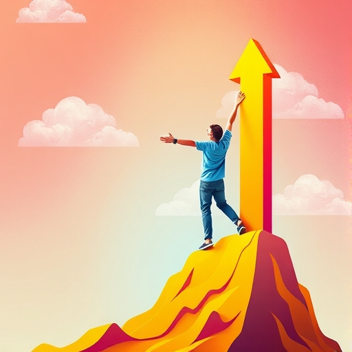 A vibrant illustration of a person happily reaching for a rising stock chart while standing on a solid foundation representing manageable risk with bright energetic colors