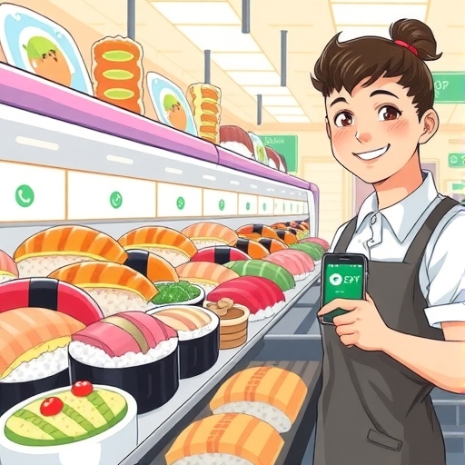 A vibrant illustration of a sushi train filled with colorful sushi and a friendly cashier holding a credit card reader with blurred LINE Pay icons in the background a cheerful atmosphere and bright lighting