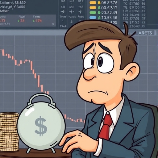 一位擔憂的投資人盯著銀行帳戶餘額銳減，背景有急速下跌的股票圖表，象徵違約交割的資金危機