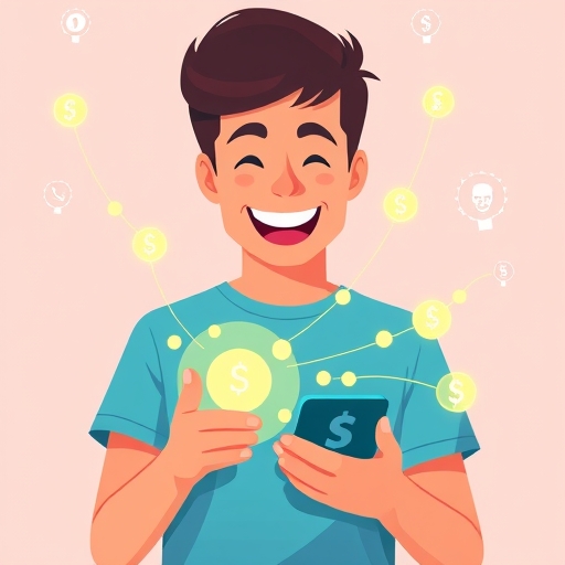 A young person happily interacting with a digital interface on a smartphone showcasing a vibrant social banking concept with glowing connection lines symbolizing community growth and financial prosperity illustrated in a cheerful flat design style with bright optimistic colors