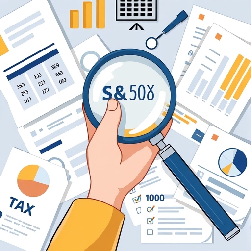 An illustration depicting various financial documents and tax forms with a hand reaching towards a magnifying glass symbolizing detailed tax planning for s&p 500 investments in taiwan