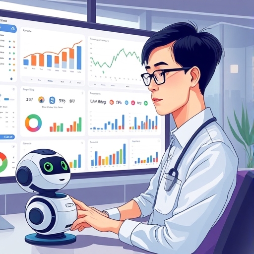 An illustration of a Taiwanese investor looking at a digital dashboard filled with diverse fund charts and financial data with a friendly robot assistant nearby in a modern office setting with soft natural lighting