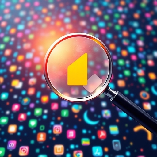 An illustration of a digital marketplace with countless small app icons floating above a magnifying glass focusing on one rising icon representing App Store Optimization success a glowing light surrounds it vibrant colors suggest growth and visibility