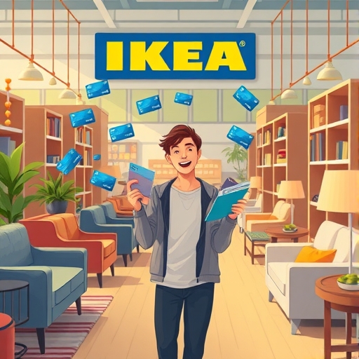 一位顧客在 IKEA 快樂購物，周圍環繞時尚家具與信用卡圖示，溫暖自然光線