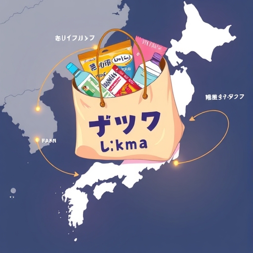 An overhead view illustration of a Japanese shopping bag overflowing with popular items like skincare products and snacks, placed on a stylized map of Japan, with subtle glowing lines connecting various shopping destinations, conveying convenience and rewarding shopping experiences