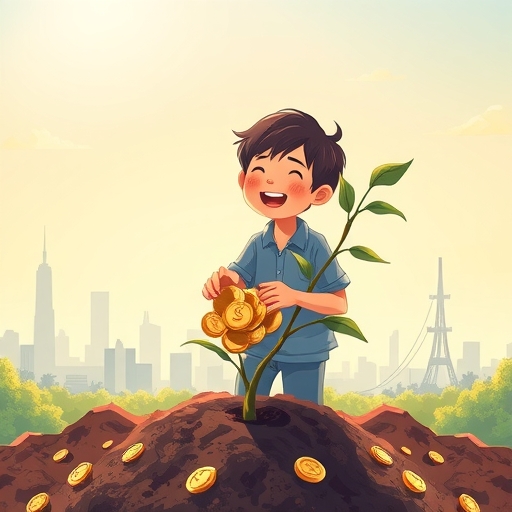 年輕人快樂種植金錢樹的迷人插圖，象徵小資族股票投資的成長與財務福祉