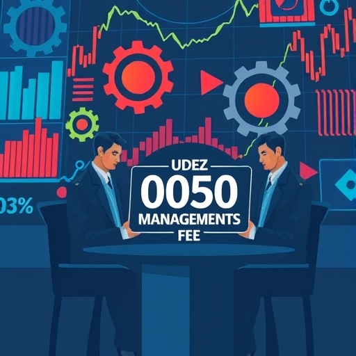 專業團隊管理ETF資產，齒輪與資料流顯示0050背後複雜運作，小標示顯示年管理費0.32%