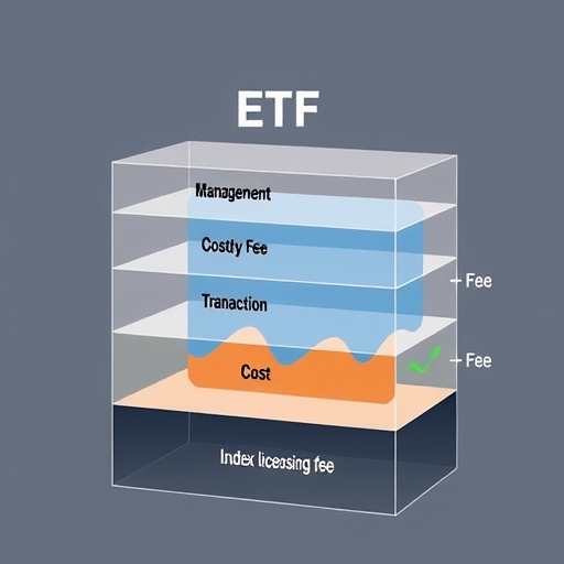 透明分層財務圖表顯示ETF內不同隱藏成本，包括管理費、保管費、交易成本與指數授權費