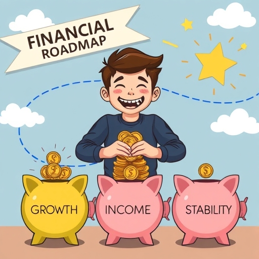 年輕投資者玩樂式放置硬幣於成長、收入與穩定豬錢箱的插圖，象徵小資族投資策略的財務自由之路