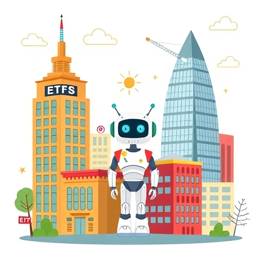 多樣投資工具的奇幻插圖，如 ETF 代表穩固建築與個股代表摩天大樓，象徵小資族股票與 ETF 推薦的平衡配置