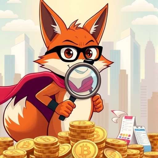 一位友善擬人狐狸穿披風，手持放大鏡檢視錢幣與數位收據，背景為明亮樂觀的城市景觀