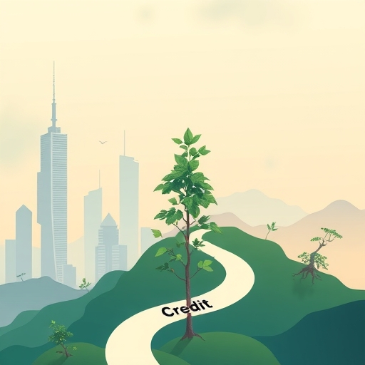 台灣金融景觀插圖，高樓大廈與標示信貸的蜿蜒路徑，通往生長植物與倒塌樹木，象徵繁榮與衰落，柔和粉彩色調平和卻警示氛圍