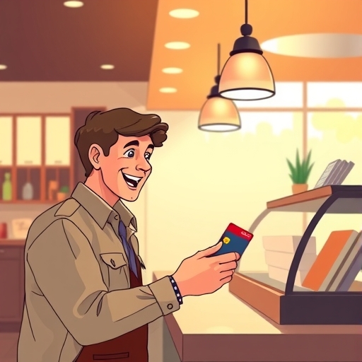 illustration of a cheerful person using a credit card at a modern restaurant counter light warm palette soft lighting