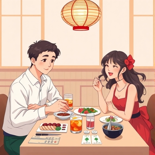 illustration of a happy couple enjoying a meal at an elegant Japanese restaurant with various payment vouchers elegantly arranged on the table inviting atmosphere gentle colors