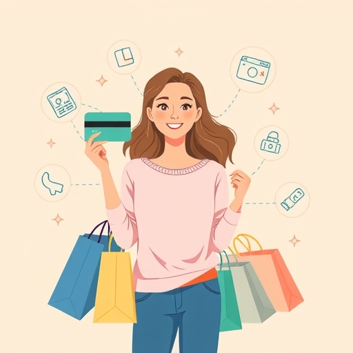 一位女性開心地手持信用卡，周圍環繞購物袋和代表線上購物與金錢收益的數位圖示，背景為乾淨的粉彩色調