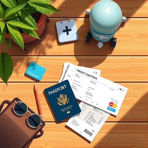 國泰CUBE卡趣旅行權益 旅行必需品俯視插圖包含信用卡護照機票與飯店確認