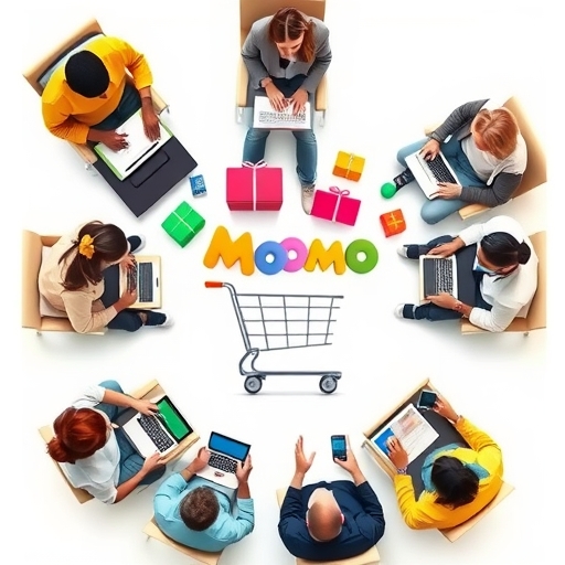 俯視多樣族群使用筆電與手機線上購物，周圍飄浮信用卡與禮盒圖示，搭配風格化的Momo購物車
