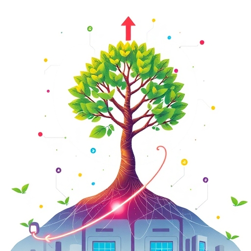 A bright illustration showcasing a company's growth and expansion, with a seedling transforming into a strong tree rooted in digital technology, surrounded by interconnected networks and a clear, upward trend