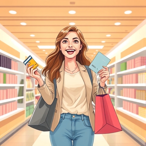 A cheerful woman happily holding a credit card and shopping bags in a brightly lit department store illustration with warm pastel tones