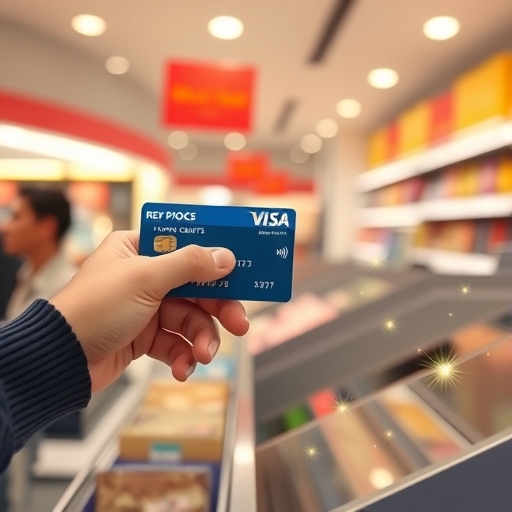 A close-up illustration of a hand using a credit card to pay at a checkout counter in a department store with subtle sparkling reward points effects