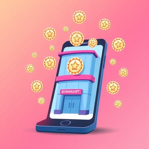 A digital illustration of a smartphone screen displaying multiple reward icons floating around a stylized department store building