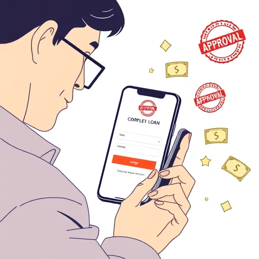 A focused individual using a smartphone to complete an online loan application with a simplified, clear user interface and gentle illustrations of approval stamps and flowing money