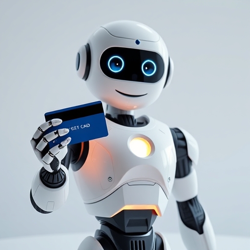 A helpful robotic assistant offering a credit card with a subtle glow on a clean interface, symbolizing automated financial transactions and smart decision-making with bright, clear lighting and a minimalist aesthetic