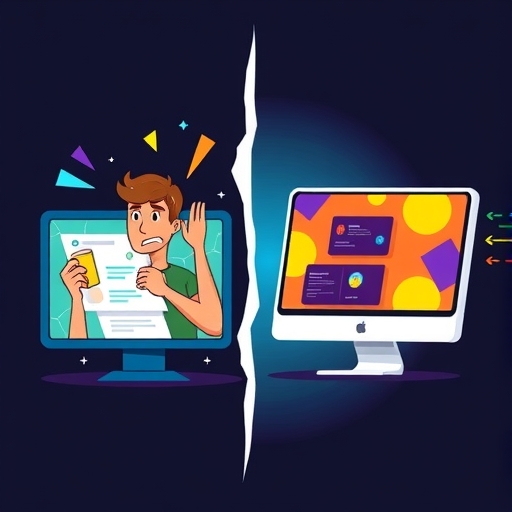 網站載入速度影響插圖，一側顯示使用者面對緩慢載入的破裂螢幕困惑，另一側則是快速瀏覽的快樂使用者與鮮豔螢幕