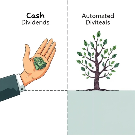 A split illustration showing two paths one is a simple hand receiving cash dividends the other is an automated system funneling dividends into a growing tree of stocks representing DRIP efficiency