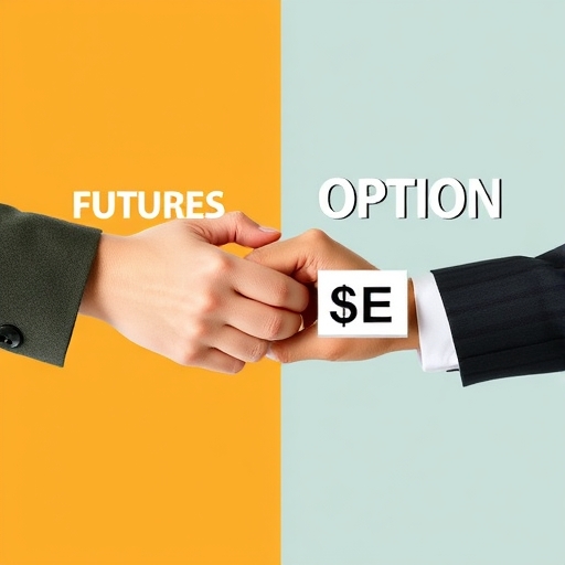 A split image showing one side with a handshake representing a futures contract and the other side with a person making a choice between buying and selling symbols representing option contracts