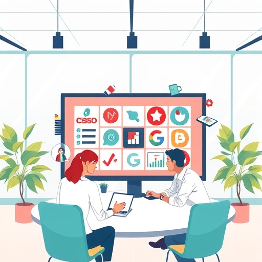 團隊在現代辦公室圍繞數位介面協作，展示品牌資產共享與高效工作流程