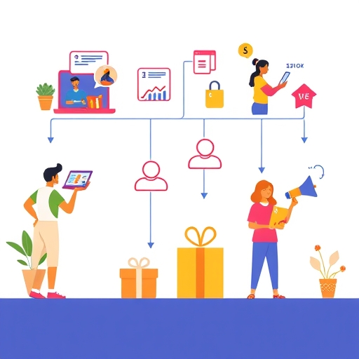 A vibrant illustration depicting a seamless customer journey from online interaction to physical fulfillment, with stylized icons representing various digital touchpoints and a feeling of efficiency and delight